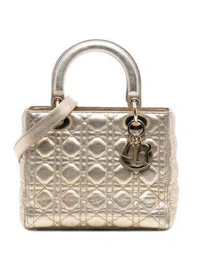 Pre-owned Dior 2018 Medium Metallic Lambskin Cannage Lady  Satchel In Gold