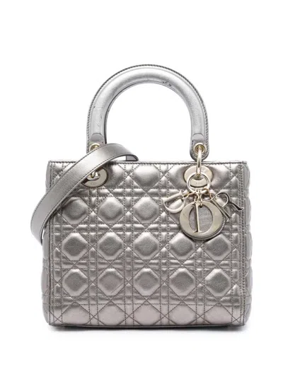 Pre-owned Dior 2018 Medium Metallic Lambskin Cannage Lady  Satchel In Silver