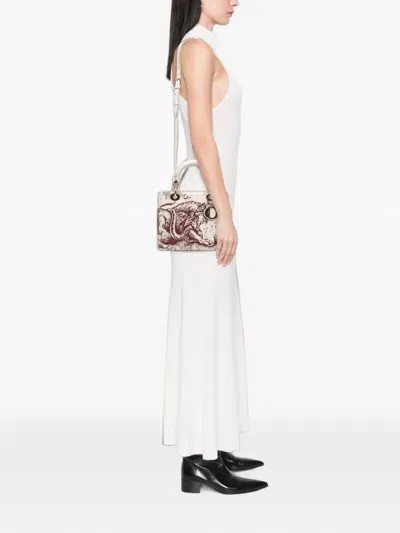 Pre-owned Dior 2018 Medium Smooth Calfskin Embroidered Beaded Toile De Jouy Lady  Satchel In White