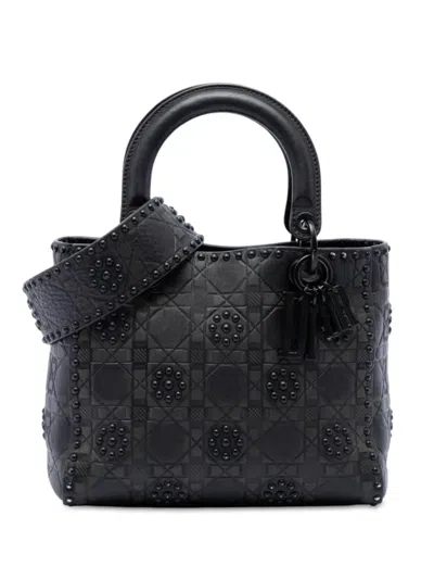 Pre-owned Dior 2018 Medium Ultra Matte Calfskin Cannage Studded Supple Lady  Satchel In Black