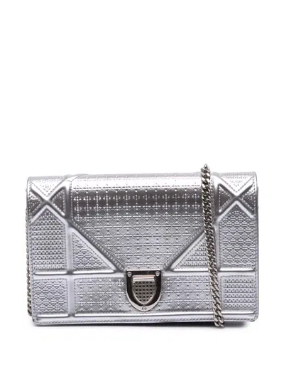 Pre-owned Dior 2018 Metallic Patent Microcannage Ama Wallet On Chain Crossbody Bag In Silver