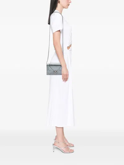 Pre-owned Dior 2018 Metallic Patent Microcannage Ama Wallet On Chain Crossbody Bag In Silver