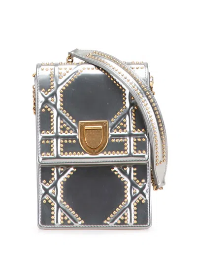 Pre-owned Dior 2018 Metallic Studded Calfskin Vertical Ama Crossbody Bag In Silver