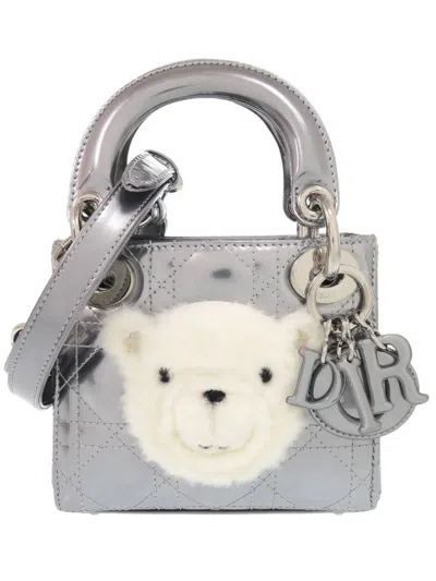 Pre-owned Dior 2018 Micro Metallic Patent Cannage Bear Lady  Satchel In Silver