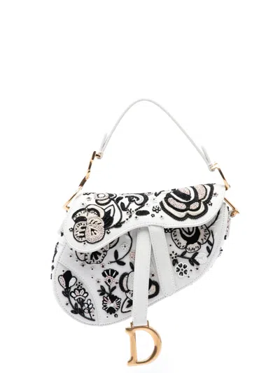 Pre-owned Dior 2018 Mini Calfskin Embroidered And Beaded Saddle Bag Satchel In White