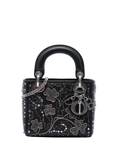 Pre-owned Dior 2018 Mini Calfskin Embroidered Clovers Lady  Satchel In Black