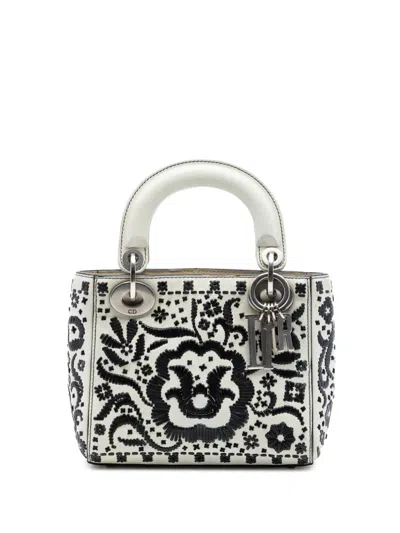 Pre-owned Dior 2018 Mini Calfskin Flower Embroidered Lady  Satchel In White