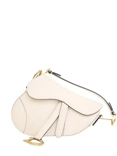Pre-owned Dior 2018 Mini Grained Calfskin Saddle Bag Satchel In White