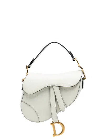 Pre-owned Dior 2018 Mini Grained Calfskin Saddle Bag Satchel In White