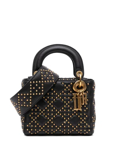 Pre-owned Dior 2018 Mini Lambskin Cannage Studded Supple Lady  Satchel In Black