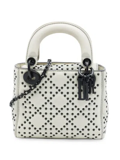 Pre-owned Dior 2018 Mini Lambskin Cannage Studded Supple Lady  Satchel In White