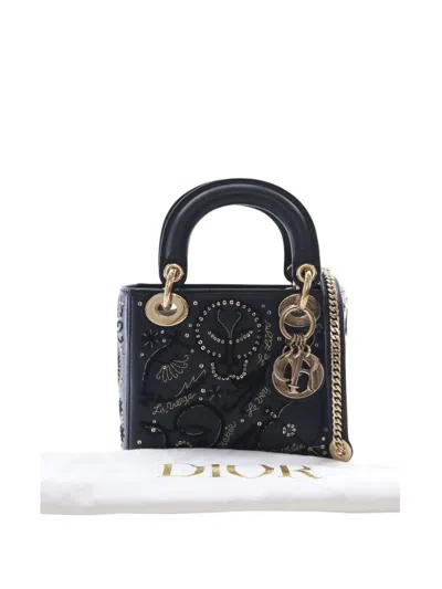 Pre-owned Dior 2018 Mini Lambskin Embroidered Sequin Astrology Lady  Satchel In Black