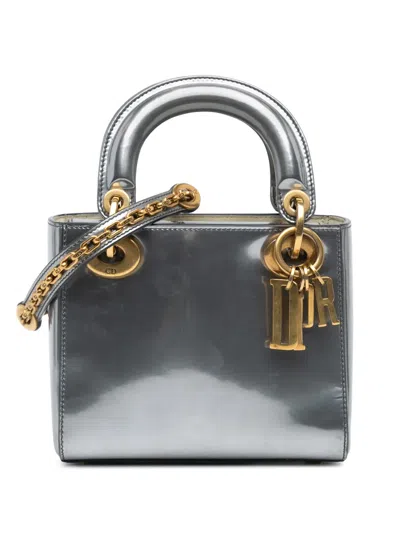 Pre-owned Dior 2018 Mini Metallic Glazed Calfskin Lady  Satchel In Silver