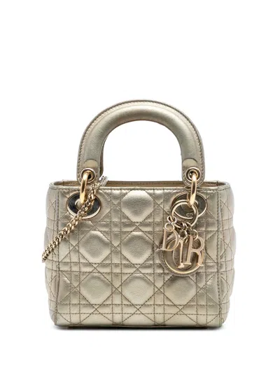 Pre-owned Dior 2018 Mini Metallic Lambskin Cannage Lady  Satchel In Gold