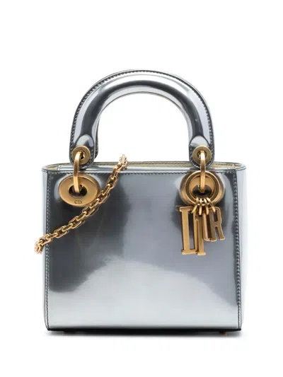 Pre-owned Dior 2018 Mini Metallic Patent Lady  Satchel In Silver