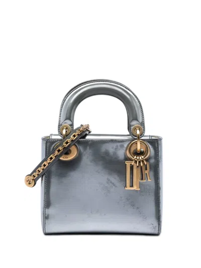 Pre-owned Dior 2018 Mini Metallic Patent Lady  Satchel In Silver