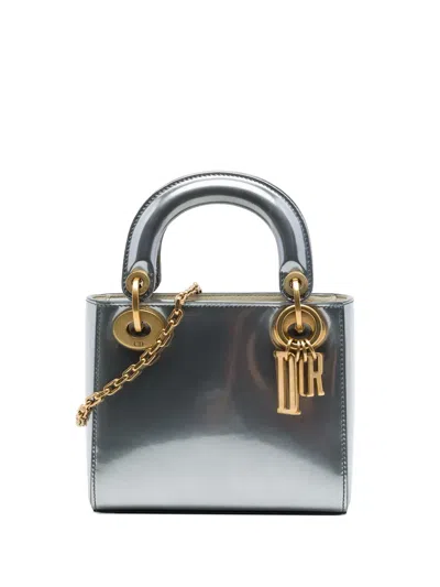 Pre-owned Dior 2018 Mini Metallic Patent Lady  Satchel In Silver