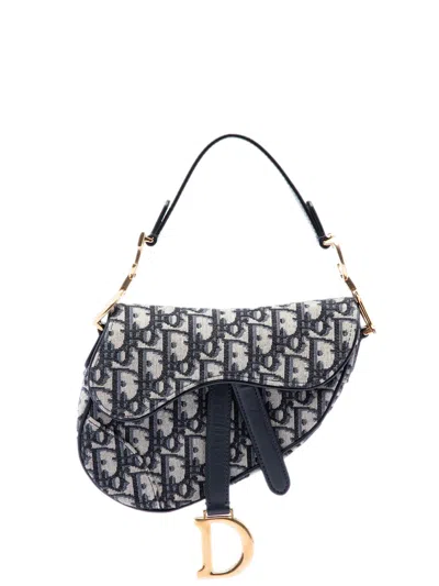 Pre-owned Dior 2018 Mini Oblique Canvas Saddle Bag Satchel In Blue
