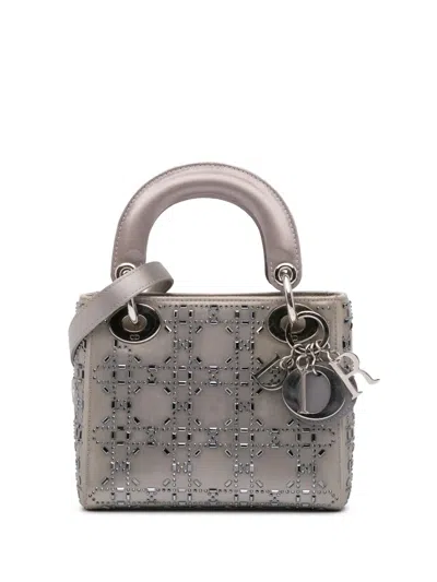 Pre-owned Dior 2018 Mini Satin Cannage Beaded Lady  Satchel In Grey