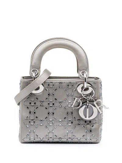 Pre-owned Dior 2018 Mini Satin Cannage Beaded Lady  Satchel In Grey
