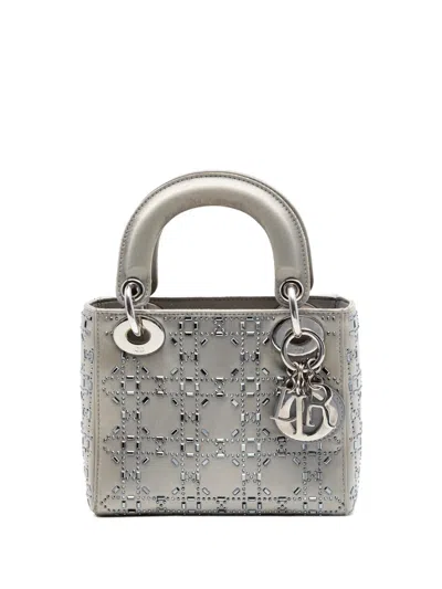 Pre-owned Dior 2018 Mini Satin Cannage Crystal Embellished Lady  Satchel In Gray