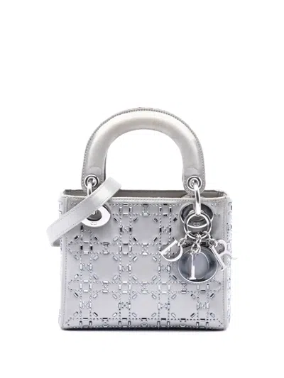 Pre-owned Dior 2018 Mini Satin Cannage Crystal Embellished Lady  Satchel In Gray