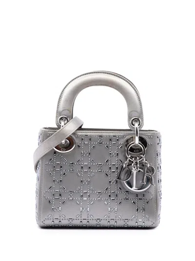 Pre-owned Dior 2018 Mini Satin Cannage Crystal Embellished Lady  Satchel In Grey