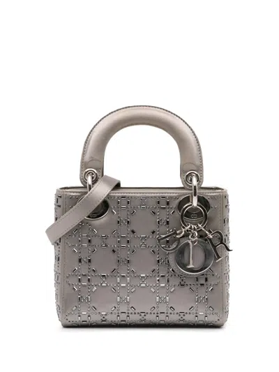 Pre-owned Dior 2018 Mini Satin Cannage Crystal Lady  Satchel In Grey