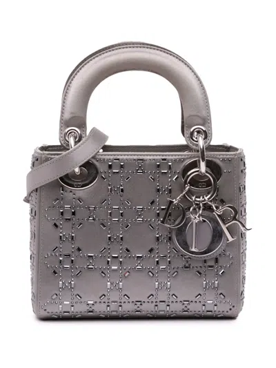 Pre-owned Dior 2018 Mini Satin Cannage Crystal Lady  Satchel In Grey
