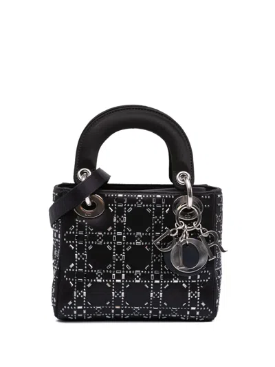 Pre-owned Dior 2018 Mini Satin Cannage Strass Crystal Embellished Lady  Satchel In Black