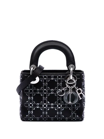 Pre-owned Dior 2018 Mini Satin Cannage Strass Crystal Embellished Lady  Satchel In Black