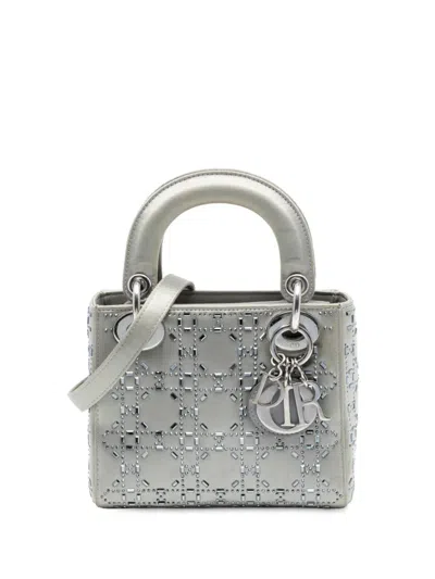 Pre-owned Dior 2018 Mini Satin Cannage Strass Crystal Embellished Lady  Satchel In Gray