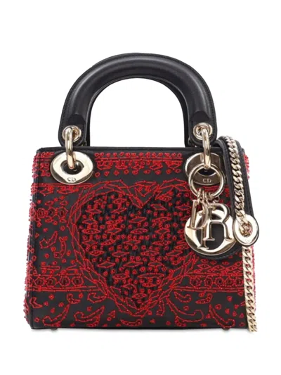 Pre-owned Dior 2018 Mini Smooth Calfskin Embroidered Heart Playing Cards Lady  Satchel In Black