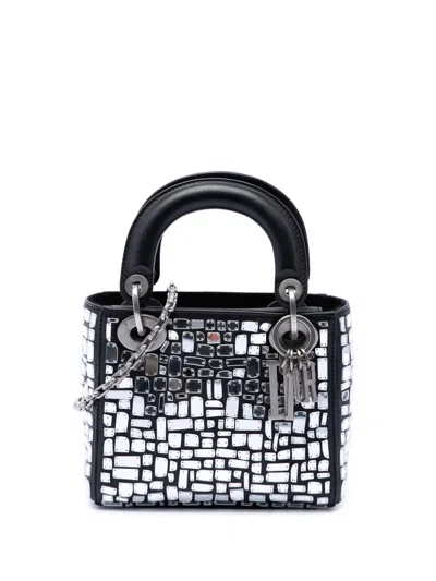 Pre-owned Dior 2018 Mini Smooth Calfskin Embroidered Mosaic Of Mirrors Lady  Satchel In Black