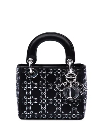 Pre-owned Dior 2018 Mini Velvet Cannage Strass Embellished Lady  Satchel In Black
