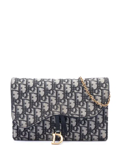 Pre-owned Dior 2018 Oblique Canvas Saddle Pouch Wallet On Chain Crossbody Bag In Blue