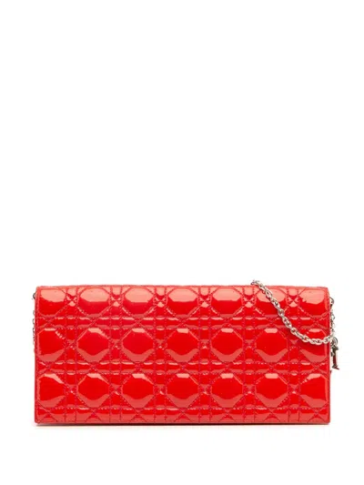 Pre-owned Dior 2018 Patent Cannage Lady  Clutch With Chain Crossbody Bag In Red