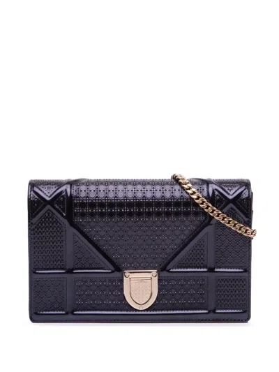 Pre-owned Dior 2018 Patent Microcannage Ama Wallet On Chain Crossbody Bag In Black