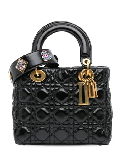 Pre-owned Dior 2018 Small Crinkled Patent Cannage My Abc Lady  Satchel In Black
