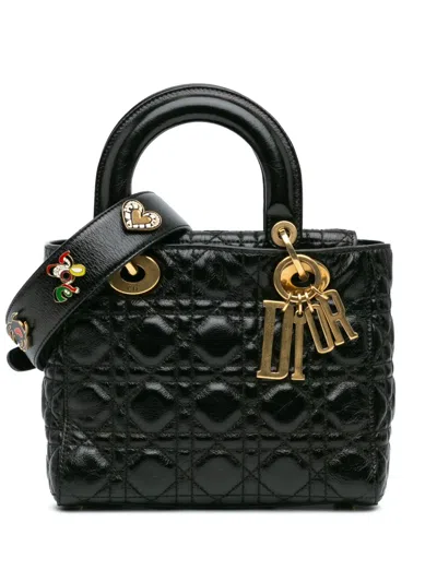 Pre-owned Dior 2018 Small Crinkled Patent Cannage My Abc Lady  Satchel In Black