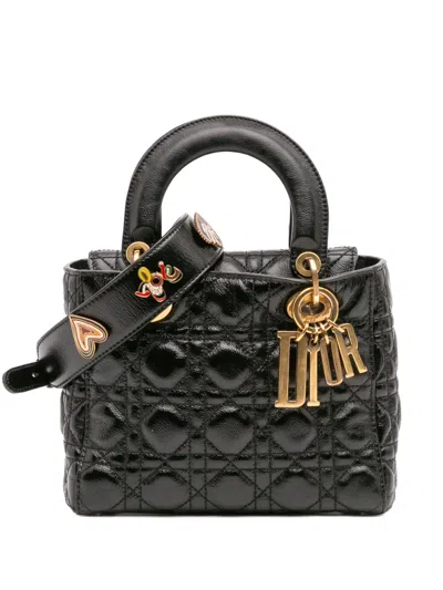 Pre-owned Dior 2018 Small Crinkled Patent Cannage My Abc Lady  Satchel In Black