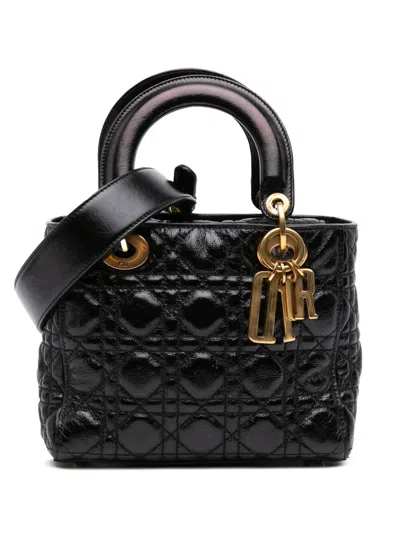 Pre-owned Dior 2018 Small Crinkled Patent Cannage My Abc Lady  Satchel In Black