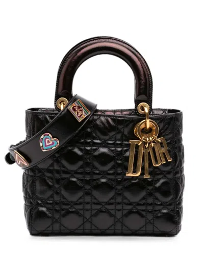 Pre-owned Dior 2018 Small Crinkled Patent Cannage My Abc Lady  Satchel In Black
