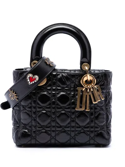 Pre-owned Dior 2018 Small Crinkled Patent Cannage My Abc Lady  Satchel In Black