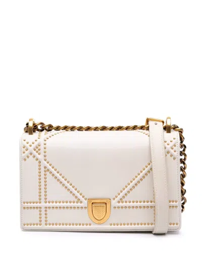 Pre-owned Dior 2018 Small Lambskin Studded Ama Flap Crossbody Bag In White