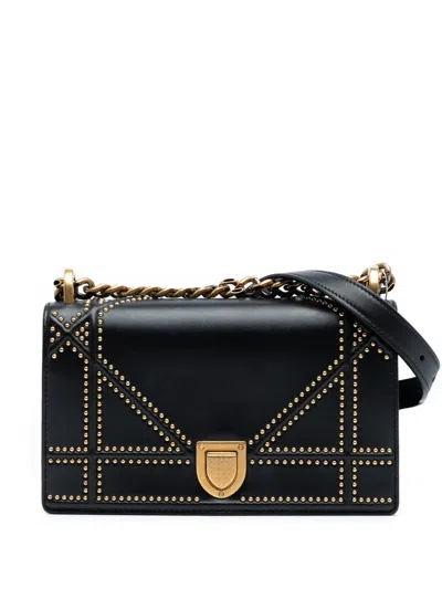 Pre-owned Dior 2018 Small Lambskin Studded Ama Flap Crossbody Bag In Black