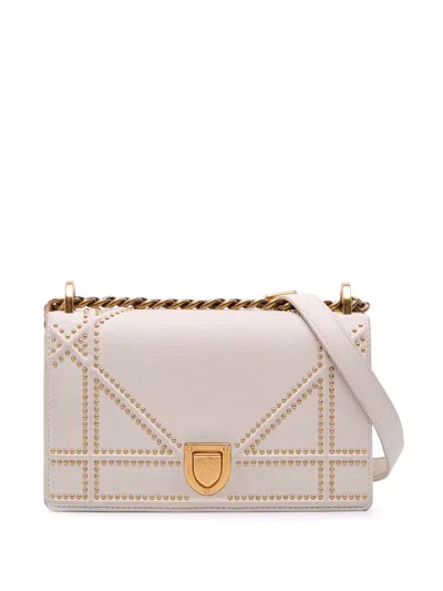 Pre-owned Dior 2018 Small Lambskin Studded Ama Flap Crossbody Bag In White