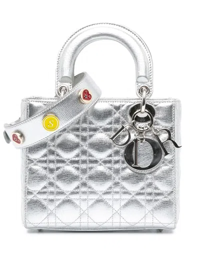 Pre-owned Dior 2018 Small Metallic Grained Calfskin Cannage My Abc Lady  Satchel In Silver