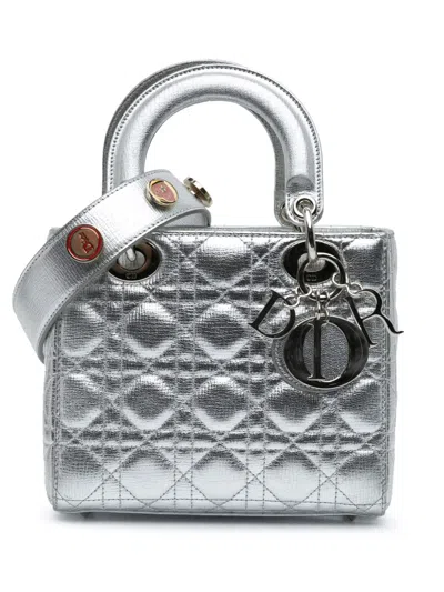 Pre-owned Dior 2018 Small Metallic Grained Calfskin Cannage My Abc Lady  Satchel In Silver