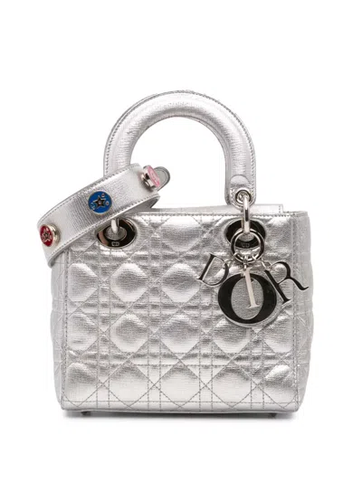 Pre-owned Dior 2018 Small Metallic Grained Calfskin Cannage My Abc Lady  Satchel In Silver